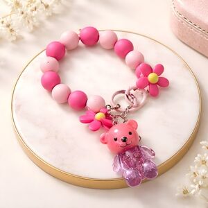 Pink Floral Bear Lip Gloss Keychain Bracelet - Soft Pink